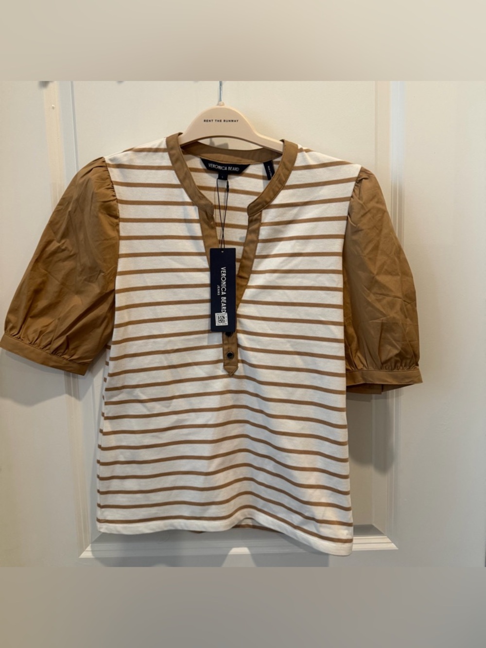 NWT Veronica Beard Kellie Striped V-Neck Blouse in White and Tan - Picture 2 of 4